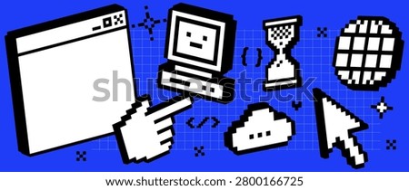 3D retro pixel developer icon pack with browser window, computer, cursor, cloud storage, coding symbols and tech tools. 8-bit technology elements for software and web development and digital products