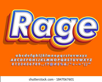 3d retro pop bold text effect. White, blue and orange bold retro style font. Cool retro character with orange background. Bold retro font with layered extrude. Alphabet, number and symbol