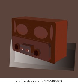3D. Retro radio isolated on background. Figure in beige, gray and brown colors. 1970s style. Axonometry, isometry. Vector.