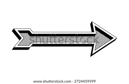 3d retro style bold black and white directional horizontal arrow banner with patterned fill vector illustration. 