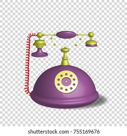 3d retro style pink color disk telephone with wire connection isolated  on transparent background.  Vintage disk telephone. Vector illustration clip art. 