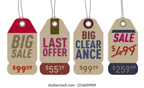 3D Retro Style Sale Tags Hanging On A Rope. EPS10 Vector