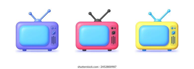 3d Retro Tv Set on White Background. Retro tv screen interface icon of multimedia or television app. Vintage vector illustration