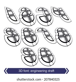 3d retro typeset with lines in rotation, vector doodle contemporary numbers.