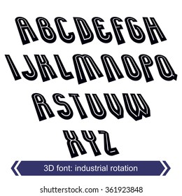 3d retro typeset with lines in rotation, vector uppercase calligraphic letters.