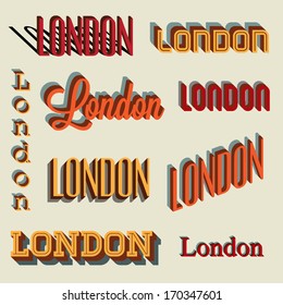 3D Retro typography set, London, editable vector design. 
