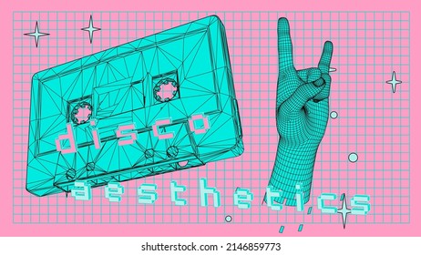 3D retrowave style illustration of a music analog cassette tape on a pink background. The 90's vibe image.