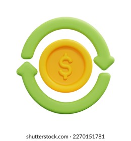 3d return on investment icon vector. Isolated on white background. 3d investment, business and finance concept. Cartoon minimal style. 3d coin with circular arrows icon vector render illustration.