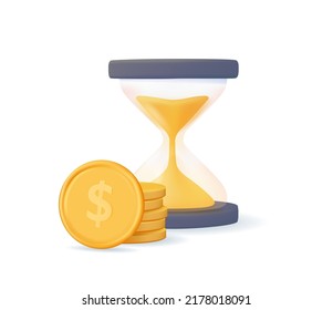 3D Revenue increase, business, finances. Financial invest fund, income growth, budget plan concept. Hourglass and coin with dollar sign. 3D vector icon free to edit. Investments return, hourglass