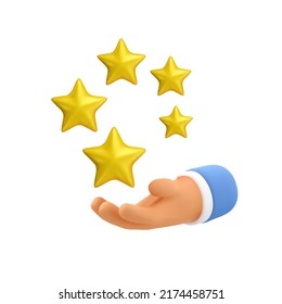 3d review icon. Vector gold positive customer experience illustration isolated on white background. Online feedback concept, hand hold five stars