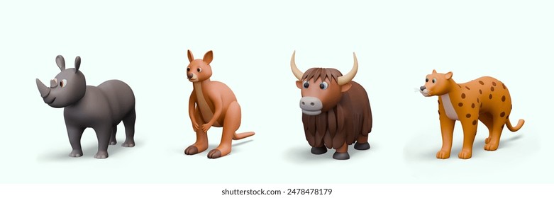 3D rhino, kangaroo, yak, cheetah. Vector templates