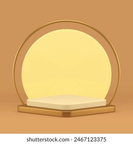 3d rhombus luxury podium pedestal with pastel circle wall background realistic vector illustration. Elegant premium geometric showcase neutral display for expensive product presentation show