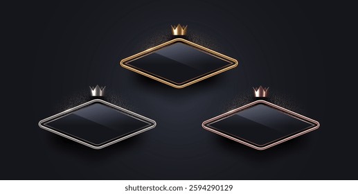 3d rhombus shape luxury sign with metal frame and crown. Gold, silver and bronze metallic luxury sign on black background. Vector set.
