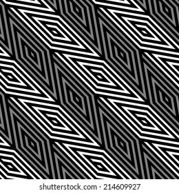 3D Rhombus Spirals Geometric Optical Black and White Vector Seamless Pattern