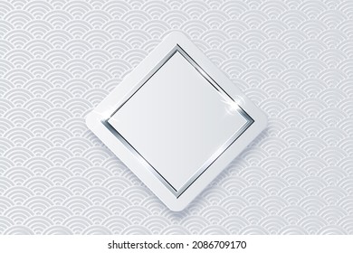 3d rhombus white button with shiny silver, chrome or steel metal square frame vector illustration. Realistic modern geometric sticker element on sea wave seamless pattern background