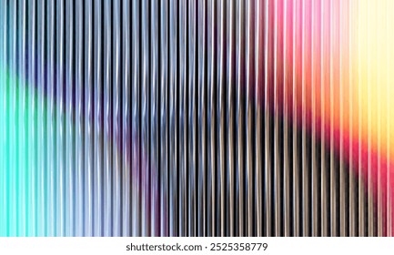 3D geripptes Glas Textur Hintergrund mit Neon Streifen. Reedglas mit Regenbogenverlauf.3d Vektorhintergrund