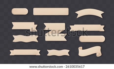 3d Ribbon Banner Text Box Plastic Title Cream Strip Badge Curve Label Vector Design Set Tag Frame Flag Pastel Button