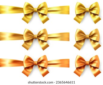 Juego de oro con arco de cinta 3d. Colección vectorial de cinta satinada de color dorado brillante. Regalo de Navidad, Día de San Valentín, elemento de envoltura de cumpleaños