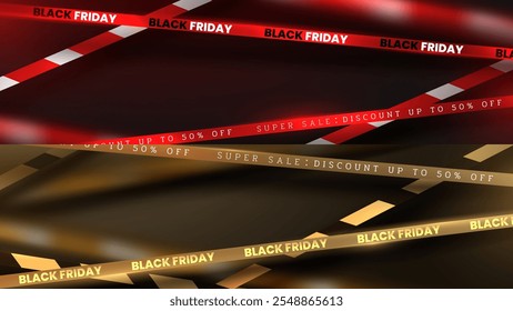 3D ribbon design to promote Black Friday sale products, red and gold warning tape with glowing effect on dark background, elegant style banner sign backdrop.