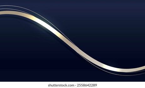 3D ribbon lines elements with glowing light effect on blue background. Golden lines wave.