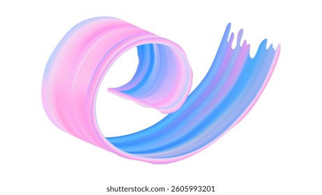 3D ribbon paint stroke in abstract color. Swirl splash wave with gradient rough texture. Dynamic acrylic background design. Modern blue and pink oil twirl element for bright digital art banner.