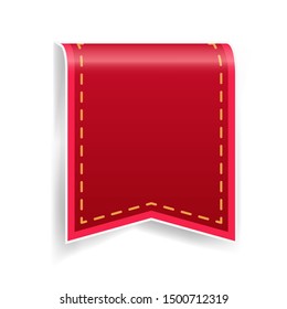 3d ribbon tag or badge with sewing stitch line at the edge. Red color vector illustration.