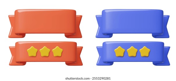 3d Ribbon text banners with stars. Red and blue cute text boxes for sales or promotions message or awards. Realistic vector illustrations isolated on white background.