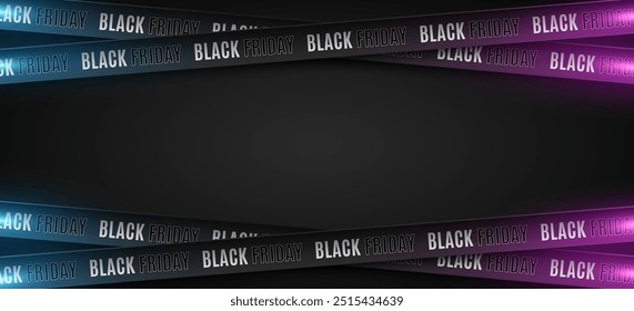 3d ribbons with blue and purple glow effect on dark background for Black Friday sale. Crossed ribbons. Fashion advertising promotion banner. Vector illustration. EPS 10.