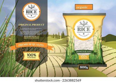 3d rice paddy, healthy indonesia organic farm product, premium raw basmati. Package and label design. Cooking ingredient. Realistic packaging. Vector exact realistic illustration