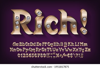 3D Rich alphabet font. Golden metal letters, numbers and symbols with diamonds. Uppercase and lowercase. Stock vector typescript for your design.