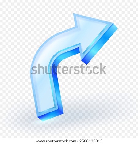 3D right arrow icon or right turn symbol. Isolated blue transparent glass material on white background. Vector illustration of direction, route, location, travel guide, navigation.