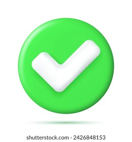 3D Right Button in Circle Shape. Green Yes or Correct Sign Render. Green Checkmark Tick Represents Confirmation. Right Choice Concept. Agreement, Approval or Trust Symbol. Vector Illustration