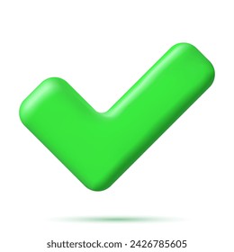 3D Right Button Shape. Green Yes or Correct Sign Render. Green Checkmark Tick Represents Confirmation. Right Choice Concept. Agreement, Approval or Trust Symbol. Vector Illustration