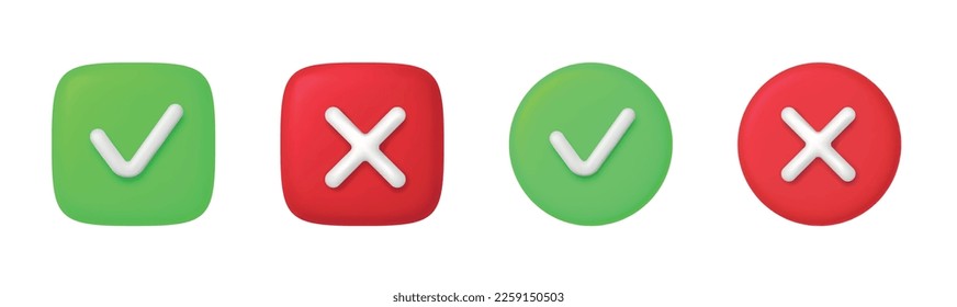 Botón 3D derecho e incorrecto en forma redonda. Verdes Sí y Rojo No Correcto Signo Incorrecto. Marca de verificación Rechazo, Cancelar, Error, Detener, Negativo, Aprobación de contrato o Símbolo de confianza. Ilustración vectorial 