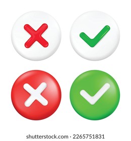 3D Right and Wrong Button in Round Shape. Green Yes and Red No Correct Incorrect Sign. Checkmark Tick Rejection, Cancel, Error, Stop, Negative, Agreement Approval or Trust Symbol Vector.