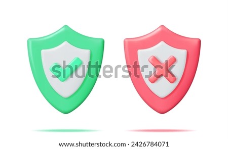 3D Right and Wrong Button in Shield. Green Yes and Red No Correct Incorrect Sign. Checkmark Tick Rejection, Cancel, Error, Stop, Negative, Agreement Approval or Trust Symbol. Vector Illustration