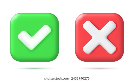 3D Right and Wrong Button in Square Shape. Green Yes and Red No Correct Incorrect Sign. Checkmark Tick Rejection, Cancel, Error, Stop, Negative, Agreement Approval or Trust Symbol. Vector Illustration