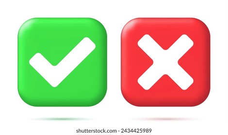 3D Right and Wrong Button in Square Shape. Green Yes and Red No Correct Incorrect Sign. Checkmark Tick Rejection, Cancel, Error, Stop, Negative, Agreement Approval or Trust Symbol. Vector Illustration