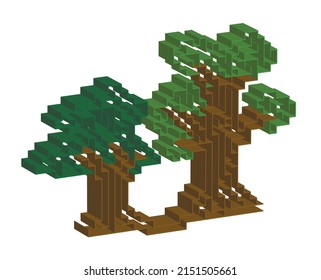 3d right-angled trees with maze inide. Retro style isometric rectangular grove with green leaves and brown trunks. Vector illustration in game style isolated on white background.