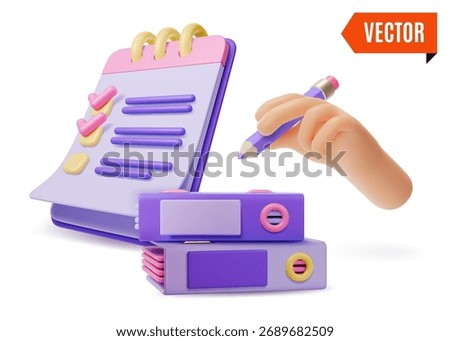 3d Ring Binder Folder, Checklist and Human Hand Holding Pen Concept Cartoon Design Style. Vector illustration