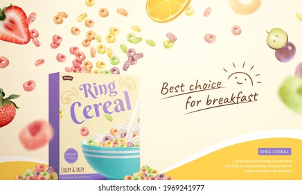 3d ring cereal breakfast ad promo banner. Ring cereals and fruit slices flying from package box.