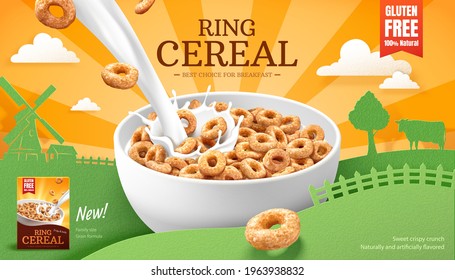3d ring cereals or cheerios ad template. A bowl of cereals with pouring milk splashes. Paper cut farm landscape silhouette background. Concept of healthy breakfast. svg