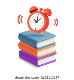 3d ringing alarm on book stack, isolated on white background. Time to study with book pile and alarm icon in 3d vector illustration