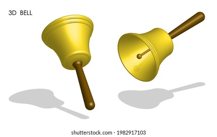 3d ringing school bell with wooden handle. Call to lesson. September 1, beginning of school year. Isometric vector