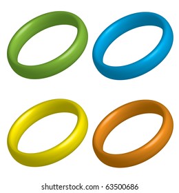 3D rings in 4 colors, green,yellow,orange and blue.