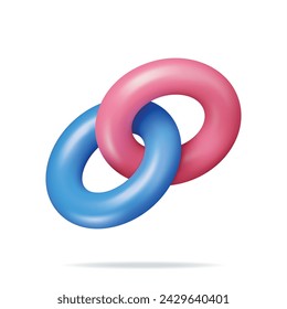 3D Rings Connected in Chain Isolated. Render Linked Circle Symbol. Linked Torus Sign. Realistic Rings Connected Into Fragment of Chain. Sketch for creativity. Cartoon Vector Illustration