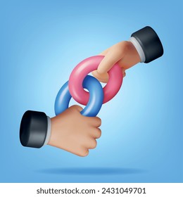 3D Rings in Hands Connected in Chain Isolated. Render Linked Circle Symbol. Linked Torus Sign. Realistic Rings Connected Into Fragment of Chain. Sketch for creativity. Cartoon Vector Illustration