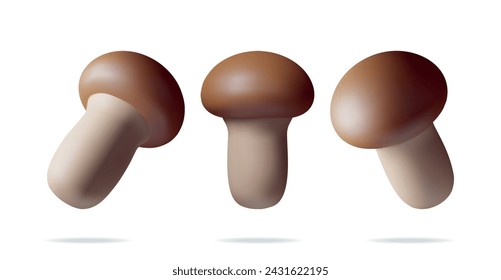 3d Ripe Mushroom Champignon in Different Angles Isolated on White. Render Cartoon Style Fungi Mushroom. Raw Food. Organic Healthy Food. Vegetarian Nutrition. Vector Illustration