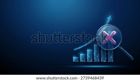 3d rising chart under magnifying glass with red cross. Critical business analysis, growth risk assessment, financial instability warning, failed strategy evaluation concept. Futuristic digital. Vector