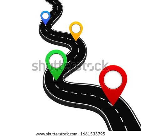 3d road with gps navigation pin. Route road with point for direction in travel. Marker location on street of city. Destination of path. Plan of way with orientation poin. Journey concept. vector